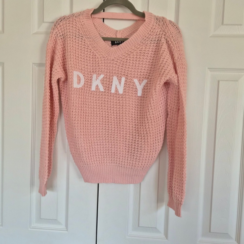 DKNY Pink Sequin Logo V-Neck Waffle Knit Sweater Medium Back Strap Y2K Coquette